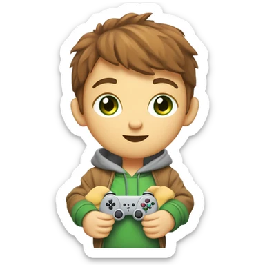 Young cartoon character,
short chestnut hair, green eyes,
grey hoodie, holding controller,
gaming items around, giraffe nearby,
lion cub, playful expression, cool style,
modern look, green background sticker