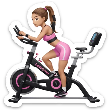 Light skin girl with long light brown hair in a pony tail, black workout set leaning on a indoor spin bike with NO HELMET, can we add a pink sports bra  sticker