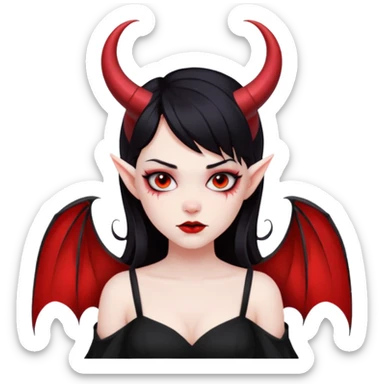 Demon girl, entire skin solid red, black hair, horns, bat wing, black dress, tattoo-flash comic. sticker