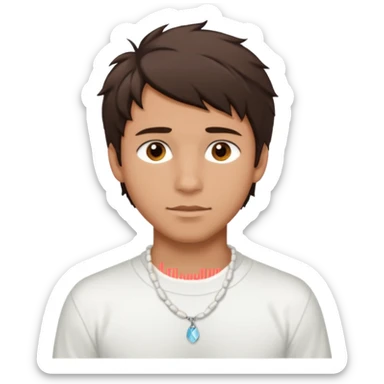 create an emoji of a young man. he has a surfer look, with short messy dark brown hair, brown eyes, tanned skin, natural lips. he wears a white tight shell necklace with a white shirt sticker