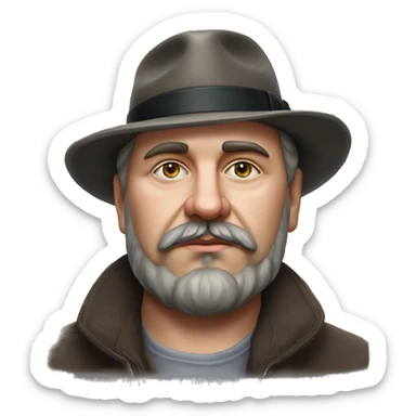Russian writer Alexander Kuprin Photorealism A plump serious man of Slavic appearance with Small eyes with goatee beard and mustache, with a  short haircut, big detailed face, wrinkled face, wearing a fedora hat sticker