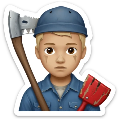 13 y/o Brian robeson at the beginning of Hatchet
distressed, has hatchet, small scratches on face, no blood on hatchet sticker