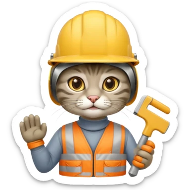 gray cat, handyman Outfit, wearing a Helmet sticker