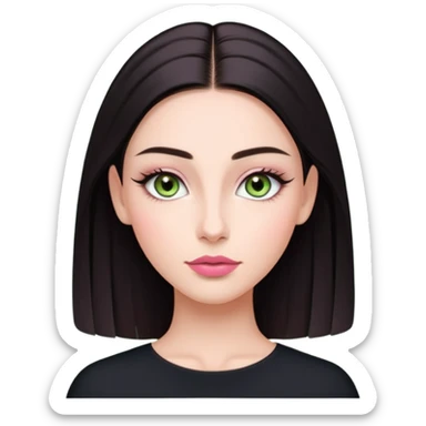 Front-facing portrait of a young woman with fair glowing skin, symmetrical features, light green almond-shaped eyes, long lashes, soft arched brows, straight refined nose, and full natural pink lips. Dark sleek hair pulled back with a middle part.  sticker