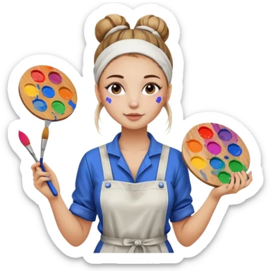 beautiful girl with a bun on her head in a jumpsuit with paint stains, holding a palette and a brush in her hands sticker