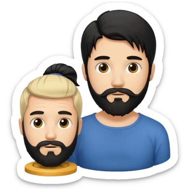 Man with long black hair tied in a spool and beard with a young short-haired blond without a beard sticker