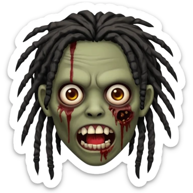 zombie with brown skin, messy black dreads hair, wide centered brown eyes, dark bloody marks under the eyes, and a slightly open mouth showing crooked teeth grillz, giving a distressed, undead look. sticker