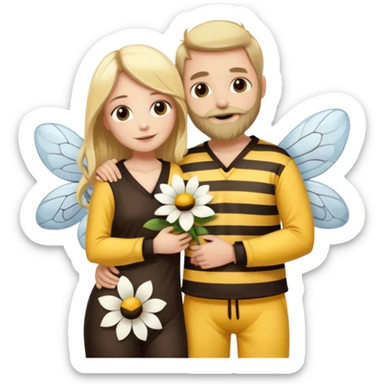 Grown up man with brown eyes, long dark brown long, white skin, medium beard, full body in cute bee pijama hugging a woman with blonde hair, white skin, dressed as a flower  sticker