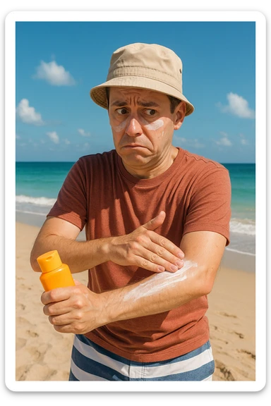 uomo a mare che si mette la crema solare perchè ha paura del sole sticker
