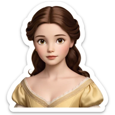 Cinematic Realistic Belle Portrait, depicted with lifelike skin texture, soft natural lighting, and intricately detailed brown hair styled elegantly. Her deep, expressive eyes exude warmth and intelligence, complemented by a serene and graceful expression. She is dressed in her classic attire, with rich fabric textures and delicate folds that catch the light beautifully. The portrait features a soft, enchanting glow with a natural, radiant finish, capturing the essence of timeless beauty in a realistic and painterly style, evoking a sense of depth and authenticity. sticker