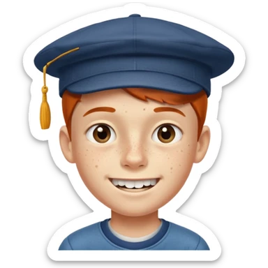 schoolboy with big front teeth, freckles, and a cap tilted to the side sticker