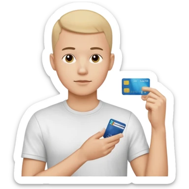 a 25 year old man thinking whit his hand forming an l shape on his chin whit short buzz cut hair whit a white t shirt and holding a credit card in his left hand make shure the card is medium sized so you can see it from a far make shure the caracther is big and a yellow background sticker