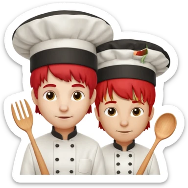 A rat with a fringe, long black hair and chefs and a man with red hair and a chefs hat sticker