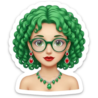 gem lover woman with gem accessories excessive amount gem glassess very big gem earrings green curly hair and red diamonds sticker