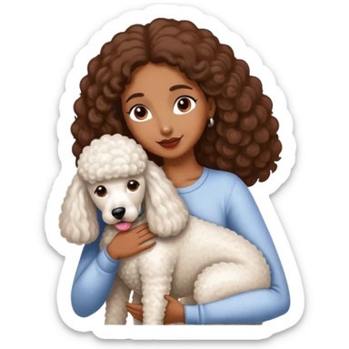White standard poodle and long Straight-haired brown-skinned woman embrace sticker