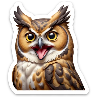 Cinematic Cute Yawning Great Horned Owl Portrait Emoji, Head tilted slightly with a dramatic, wide-open yawn, showcasing a soft, downy mottled plumage with gently drooping feathers, round golden eyes barely open in drowsy contentment, Simplified yet irresistibly adorable features, highly detailed, glowing with a soft, cozy glow, high shine, relaxed yet expressive, stylized with a touch of nocturnal whimsy, bright and endearing, soft glowing outline, capturing the essence of a sleepy yet affectionate owl, so drowsy it feels like it could glide out of the screen and curl up for a nap! sticker
