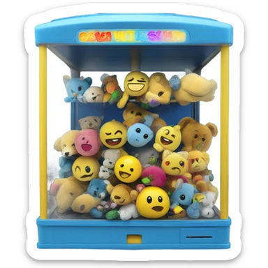 A blue and yellow claw machine with plush toys inside sticker