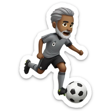 small boy in gray soccer uniform and black shorts with gray beard  and hair kicking a soccer ball sticker