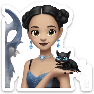 relaxed low-cut back silky black evening ball gown with lace gloves, Jenna Ortega as Wednesday Addams wearing a mini diamond tiara showing off a cute blue horned dragon hand puppet sticker