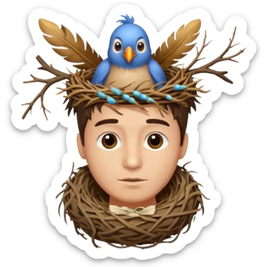 Man who has a birds nest on top of his head for hair sticker