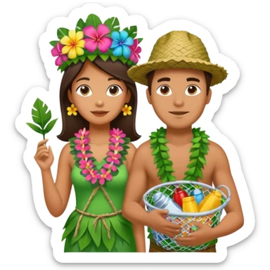Hawaiian woman man with leaf hat and big trash net and colorful cloth sticker