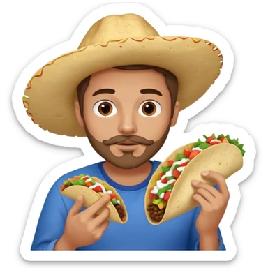White man with brown hair, blue eyes and a gray goatee eating a taco sticker
