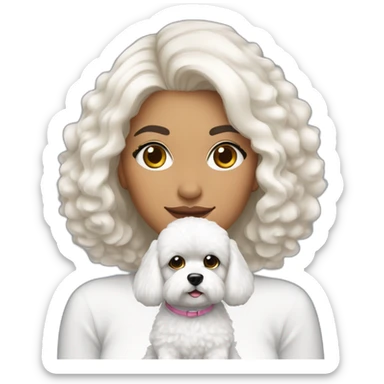 mujer piel blanca pelo negro con peinado de moño y perro bichon maltés blanco sticker