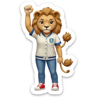 friendly anthropomorphised female lion wearing baseball shirt, jeans, trainers, standing upright with one fist raised, angry expression, no sunglasses sticker