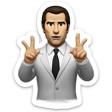 Generate an emoji-style version of the Confused Travolta meme featuring a simplified, cartoon-like representation of John Travolta's character from Pulp Fiction. The figure should have a puzzled expression, with slightly raised eyebrows and an open hand gesture. The background should be minimalistic, with soft shading to enhance the 3D effect, and the character should wear a black suit with a white shirt.  sticker
