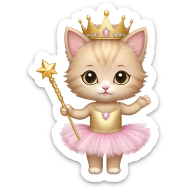 a cute little fuzzy kitten in a light pink tutu and gold tiara and sparkly wand sticker