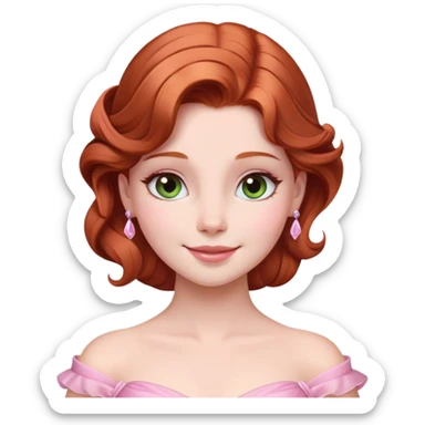 Cinematic Radiant Sleeping Beauty Portrait Emoji, rendered in a realistic, vector style with clean proportions. Show Aurora with a gentle smile, porcelain skin, and beautifully styled auburn hair, wearing her classic pink gown. The image glows with a soft, inviting radiance and high shine, accentuated by a soft glowing outline that enhances her graceful charm. sticker