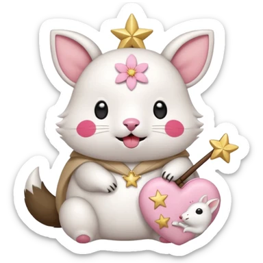 GENERATE ME A MOMONGA WHITE ANIMAL  FROM CHIIKAWA AND PUT A SAKURA FLOWER ON HIS HEAD AND A STAR PELT ON HIS BELLY AND A HEART PURSE ON HIS ARM WITH HIS FACE MAKE HIS TOUNGE STICK OUT WITH A LITTLEPINCH OFDROOL AND MAKE HIM ANIME  sticker
