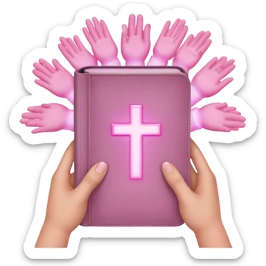 emoji hands holding a monochromatic pastel pink glowing bible sticker