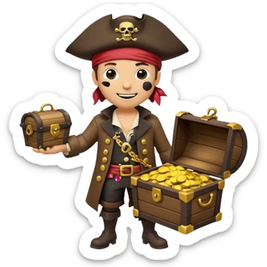 A 3D cartoon pirate character with one eye covered by a black eye patch, holding a treasure chest filled with gold coins and jewels, standing on sandy ground, wearing a pirate hat and coat, warm sunset lighting, realistic Memoji-style rendering. sticker