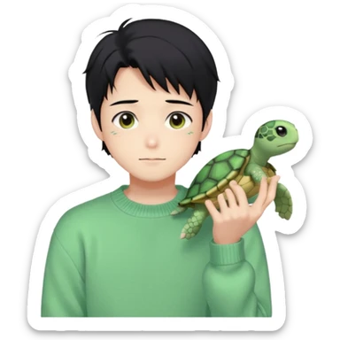 Gorgeous pastel green sweater black hair anime style shojo guy with blushing face and, turtle, aesthetic, trending style outside  sticker