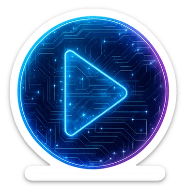 Transform the media player icon into a cyberpunk, holographic style with glowing neon blue and pink edges, circuit patterns throughout the entire icon, and a transparent background. Maintain the recognizable circular shape and play button, overlaying neon and circuit effects in a consistent futuristic, clean cyberpunk glow with intricate circuit details. sticker