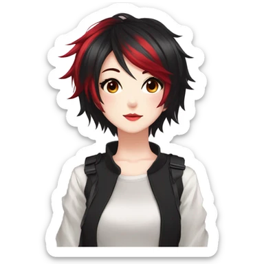 Gorgeous anime style tomboy-lady with blushing face aesthetic and pretty edgy black red punk hair with hair garment trending style sticker