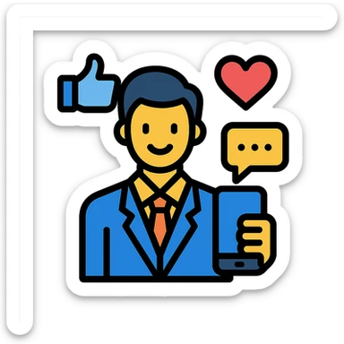 modern icon of a social media marketer person holding a smartphone surrounded by social media icons like thumbs up, heart, and chat bubble, clean professional style sticker
