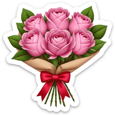 Bouquet of pink flower like rose and peony wrapped in kraft paper with red bow sticker