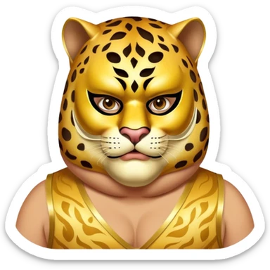 a fat man, with a vest,  wear half-face golden panther masquerade mask sticker