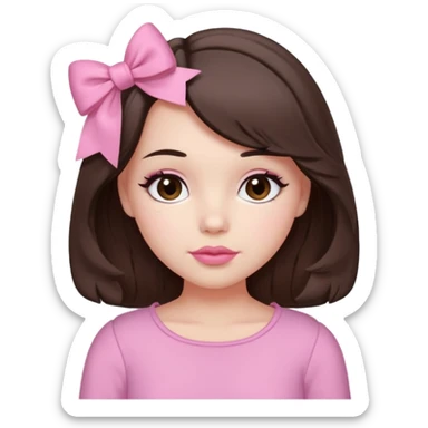 A cute slightly plump, fair-skinned girl with loose, slightly wavy, layered shoulder-length hair, dark brown eyes, and light pink lips. She wears coquette pink clothes, a small pink bow, and slightly rosy cheeks. sticker