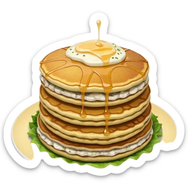 Yummy pancakes 4 pcs. Potato pancakes served with soy garlic cream with leek and chunks of oyster mushroom in cornbread coating + salad with dressing.... sticker