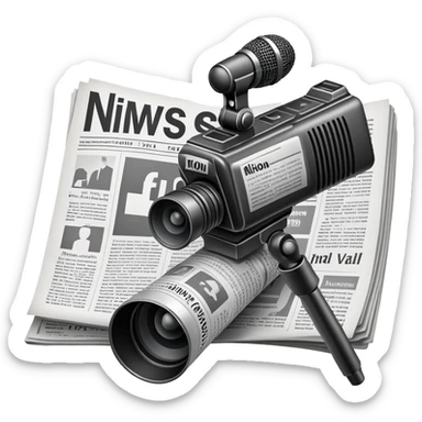 An icon featuring a microphone, a newspaper, a professional camera Nikon D5, representing journalism and mass media. The design includes headlines and imagery, symbolizing the spread of news and information. Transparent background highlights the power of communication and media. sticker