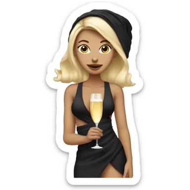 Girl with towel wrapped around her head and body holding a champagne glass and bottle in black high heels  sticker