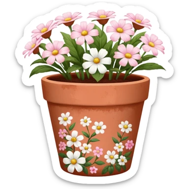 plant pot in terra cota with white and pink flowers print painted on the pot sticker