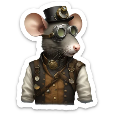 Profile of a rat with a steampunk cloth gas mask and ragged clothes. No hat  sticker