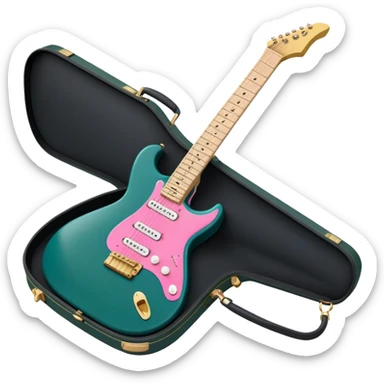 minimalist electric guitar in dark green with pink and blue stripe decal, closed inside a black rectangular hard case with gold latches, flat semi-3D style, soft matte textures, simplified details, stylized decal accent sticker