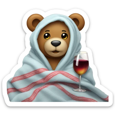 a Christmas teddy happy bear wrapped in a blanket with glass wine sticker