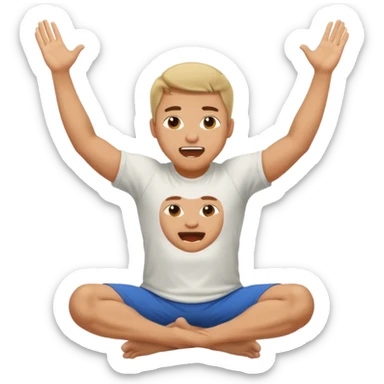 Make a normal wieght guy facing forward squatting with a t-shirt on and his hands up and his mouth open sticker