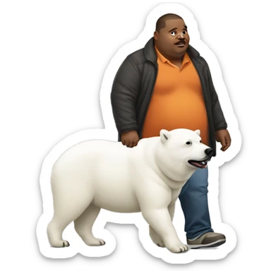Fat man wearing a yam-aka walking a white polar bear dog sticker